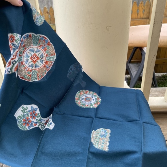 Japanese Blue Hayashi Kimono Scarf w/ multicolor Pitcher, Bowl and Plate Design - Picture 2 of 3